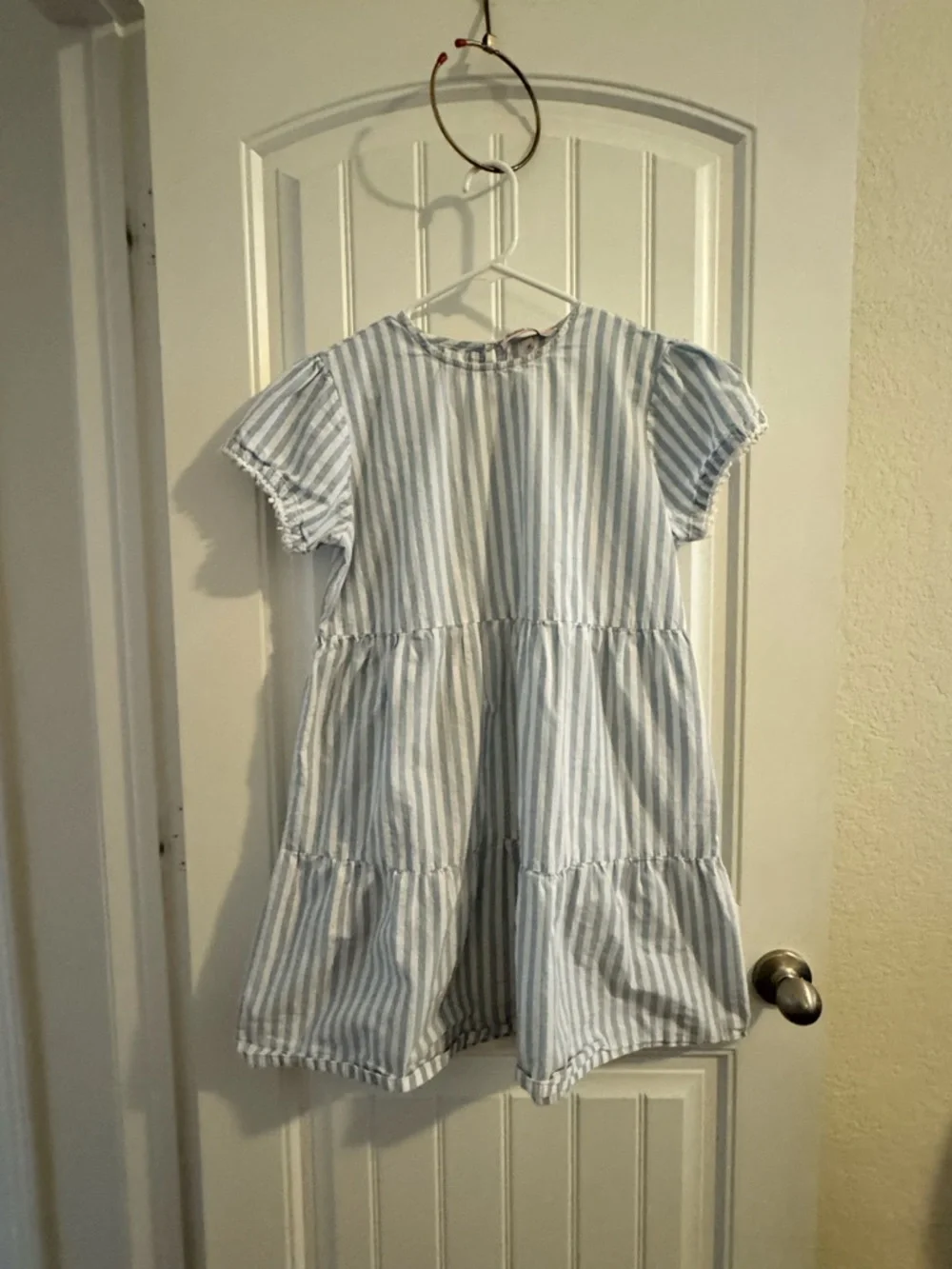 Blue and White Striped Midi Dress with Tiered Skirt - Picture 2 of 8